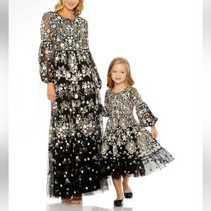 Mac Duggal Little Girls Black Multi Floral Embroidered Long Sleeve A Line Dress